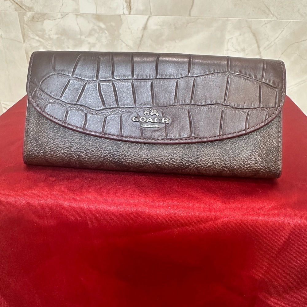 Coach Brown and Burgundy Crocodile Embossed Wallet